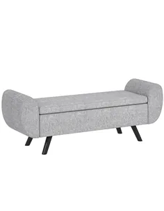 HOMCOM Storage Ottoman with Armrest, Upholstered Linen Storage Bench, Window Seat with Rubberwood Legs, Footstool for Bedroom Li
