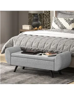 HOMCOM Storage Ottoman with Armrest, Upholstered Linen Storage Bench, Window Seat with Rubberwood Legs, Footstool for Bedroom Li 2