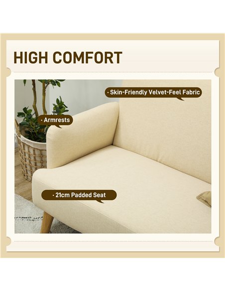 HOMCOM Velvet Feel Fabric 2 Seater Sofa, Small Sofa Loveseat with 21cm Thick Padding and Wood Legs, Cream White