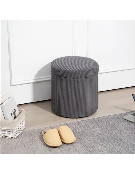 HOMCOM 40cm Round Storage Ottoman, Corduroy Footstool with Removable Lid and Legs, Vanity Stool for Living Room, Bedroom, Grey