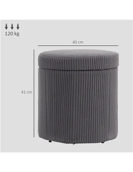 HOMCOM 40cm Round Storage Ottoman, Corduroy Footstool with Removable Lid and Legs, Vanity Stool for Living Room, Bedroom, Grey