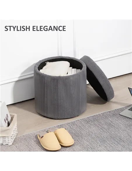 HOMCOM 40cm Round Storage Ottoman, Corduroy Footstool with Removable Lid and Legs, Vanity Stool for Living Room, Bedroom, Grey