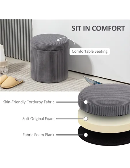 HOMCOM 40cm Round Storage Ottoman, Corduroy Footstool with Removable Lid and Legs, Vanity Stool for Living Room, Bedroom, Grey