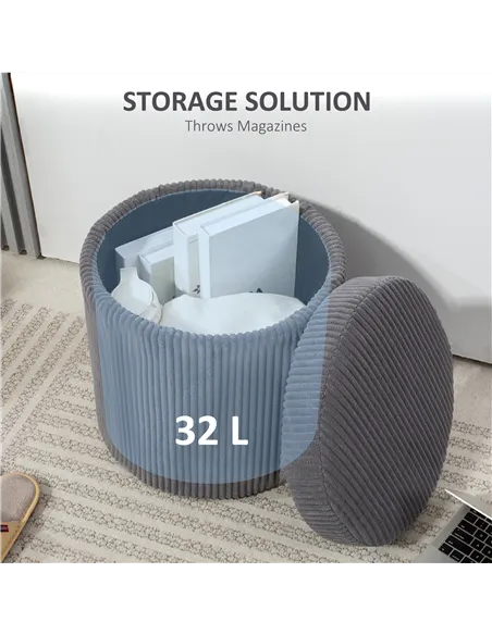 HOMCOM 40cm Round Storage Ottoman, Corduroy Footstool with Removable Lid and Legs, Vanity Stool for Living Room, Bedroom, Grey