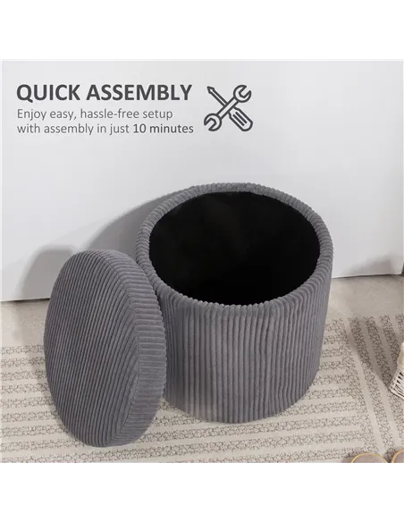HOMCOM 40cm Round Storage Ottoman, Corduroy Footstool with Removable Lid and Legs, Vanity Stool for Living Room, Bedroom, Grey