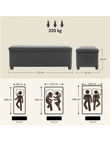 HOMCOM 84L Corduroy Storage Ottoman - Grey