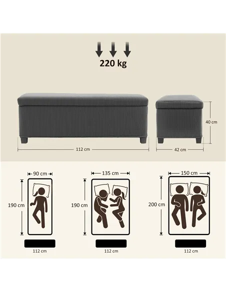 HOMCOM 84L Corduroy Storage Ottoman - Grey