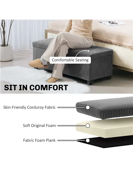 HOMCOM 84L Corduroy Storage Ottoman - Grey