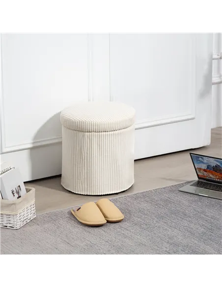 HOMCOM 40cm Round Storage Ottoman, Corduroy Footstool with Removable Lid and Legs, Vanity Stool for Living Room, Bedroom, Beige