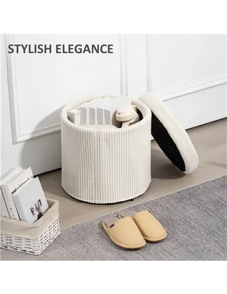 HOMCOM 40cm Round Storage Ottoman, Corduroy Footstool with Removable Lid and Legs, Vanity Stool for Living Room, Bedroom, Beige