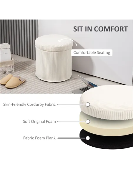 HOMCOM 40cm Round Storage Ottoman, Corduroy Footstool with Removable Lid and Legs, Vanity Stool for Living Room, Bedroom, Beige