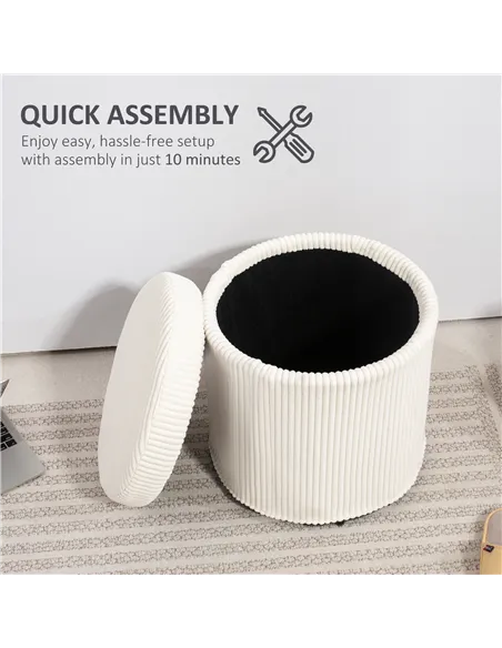 HOMCOM 40cm Round Storage Ottoman, Corduroy Footstool with Removable Lid and Legs, Vanity Stool for Living Room, Bedroom, Beige