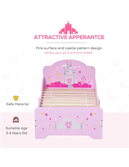 HOMCOM Kids Bed Princess Castle Theme w/ Side Rails Slats Home Furniture for 3 - 6 Yrs Pink 143 x 73 x 60 cm