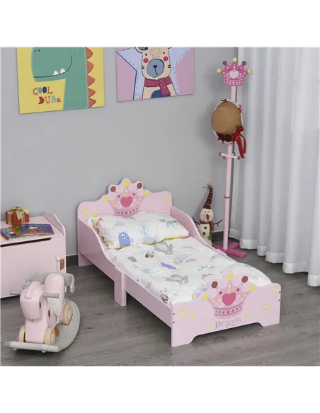 HOMCOM Kids Toddler Bed Princess Crown Theme Safety Side Rails Slats Home Bedroom Furniture Boys Girls 3-6 Yrs Pink 143 x 73 x 6