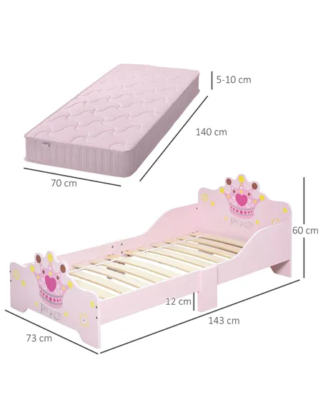 HOMCOM Kids Toddler Bed Princess Crown Theme Safety Side Rails Slats Home Bedroom Furniture Boys Girls 3-6 Yrs Pink 143 x 73 x 6