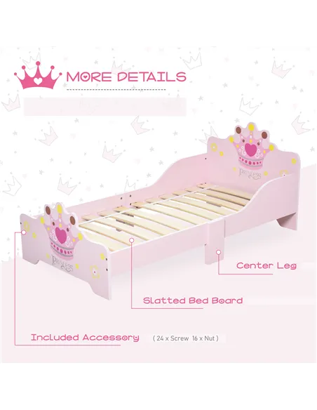 HOMCOM Kids Toddler Bed Princess Crown Theme Safety Side Rails Slats Home Bedroom Furniture Boys Girls 3-6 Yrs Pink 143 x 73 x 6