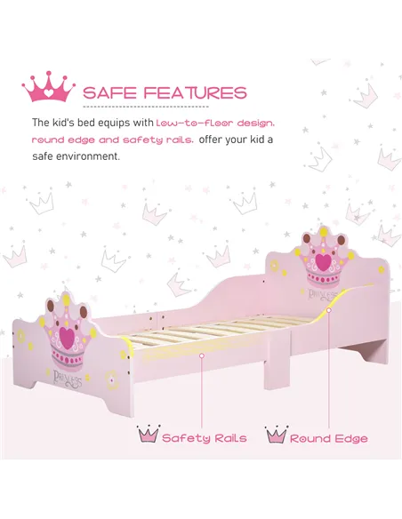 HOMCOM Kids Toddler Bed Princess Crown Theme Safety Side Rails Slats Home Bedroom Furniture Boys Girls 3-6 Yrs Pink 143 x 73 x 6