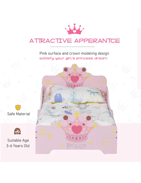 HOMCOM Kids Toddler Bed Princess Crown Theme Safety Side Rails Slats Home Bedroom Furniture Boys Girls 3-6 Yrs Pink 143 x 73 x 6
