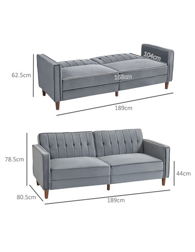 HOMCOM Velvet-Feel Three-Seater Sofa Bed - Dark Grey