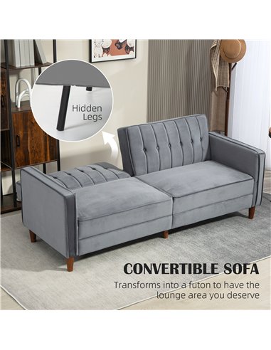 HOMCOM Velvet-Feel Three-Seater Sofa Bed - Dark Grey