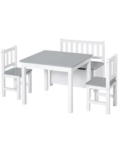 HOMCOM 4-Piece Kids Table and Chair Set with 2 Wooden Chairs, 1 Storage Bench, and Interesting Modern Design, Grey/White