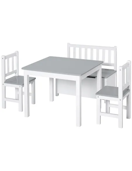 HOMCOM 4-Piece Kids Table and Chair Set with 2 Wooden Chairs, 1 Storage Bench, and Interesting Modern Design, Grey/White