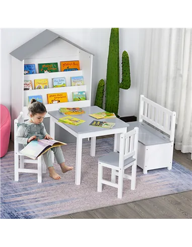 HOMCOM 4-Piece Kids Table and Chair Set with 2 Wooden Chairs, 1 Storage Bench, and Interesting Modern Design, Grey/White