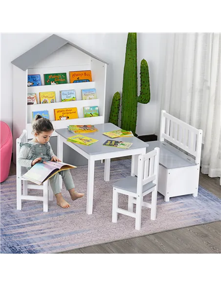 HOMCOM 4-Piece Kids Table and Chair Set with 2 Wooden Chairs, 1 Storage Bench, and Interesting Modern Design, Grey/White