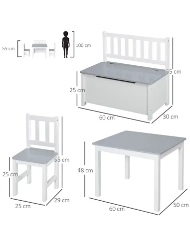 HOMCOM 4-Piece Kids Table and Chair Set with 2 Wooden Chairs, 1 Storage Bench, and Interesting Modern Design, Grey/White