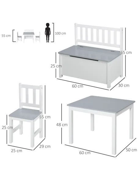 HOMCOM 4-Piece Kids Table and Chair Set with 2 Wooden Chairs, 1 Storage Bench, and Interesting Modern Design, Grey/White