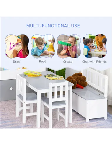 HOMCOM 4-Piece Kids Table and Chair Set with 2 Wooden Chairs, 1 Storage Bench, and Interesting Modern Design, Grey/White