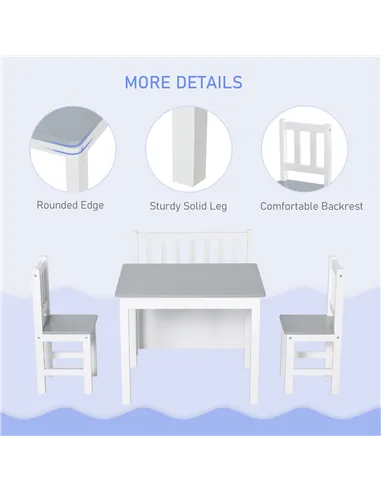 HOMCOM 4-Piece Kids Table and Chair Set with 2 Wooden Chairs, 1 Storage Bench, and Interesting Modern Design, Grey/White