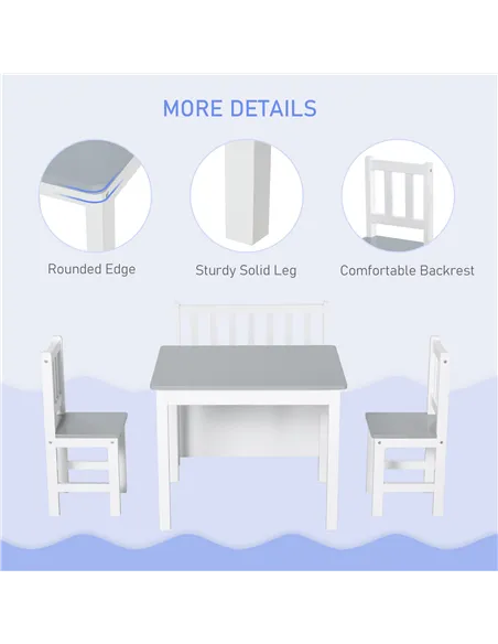 HOMCOM 4-Piece Kids Table and Chair Set with 2 Wooden Chairs, 1 Storage Bench, and Interesting Modern Design, Grey/White