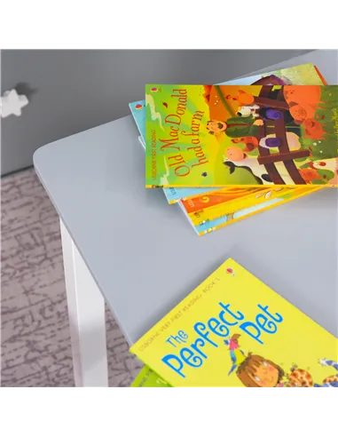 HOMCOM 4-Piece Kids Table and Chair Set with 2 Wooden Chairs, 1 Storage Bench, and Interesting Modern Design, Grey/White