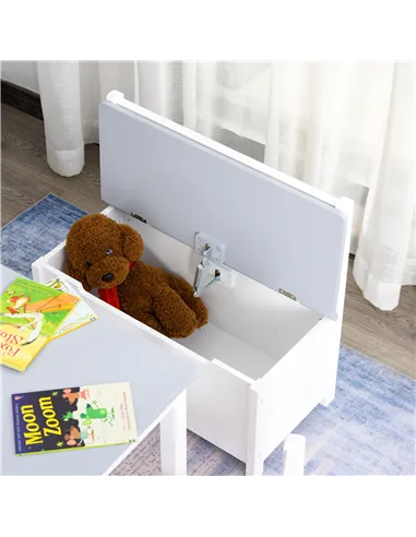 HOMCOM 4-Piece Kids Table and Chair Set with 2 Wooden Chairs, 1 Storage Bench, and Interesting Modern Design, Grey/White