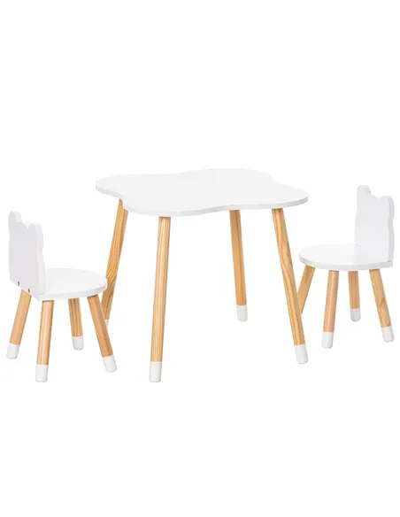 HOMCOM 3-Piece Kids Table and Chair Set with 2 Bear-Shaped Chairs, for Ages 1-4 Years, White