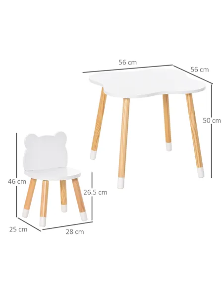 HOMCOM 3-Piece Kids Table and Chair Set with 2 Bear-Shaped Chairs, for Ages 1-4 Years, White