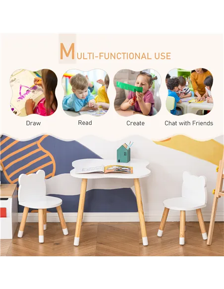 HOMCOM 3-Piece Kids Table and Chair Set with 2 Bear-Shaped Chairs, for Ages 1-4 Years, White