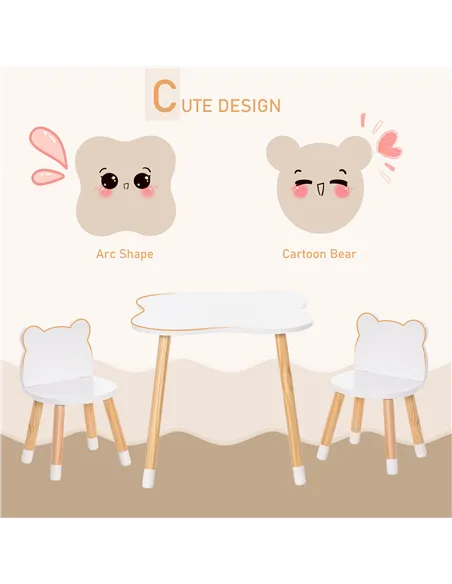 HOMCOM 3-Piece Kids Table and Chair Set with 2 Bear-Shaped Chairs, for Ages 1-4 Years, White