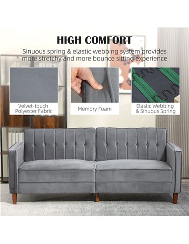 HOMCOM Velvet-Feel Three-Seater Sofa Bed - Dark Grey
