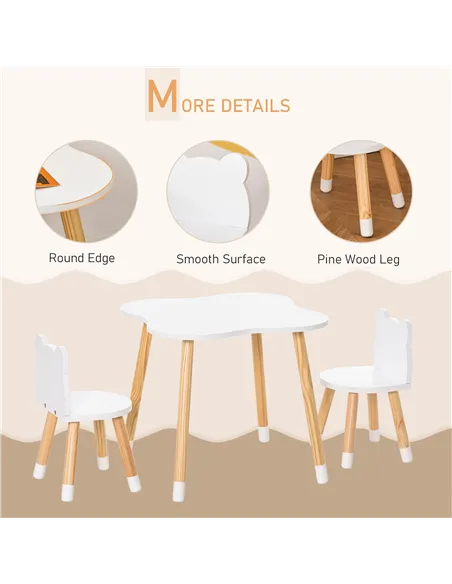 HOMCOM 3-Piece Kids Table and Chair Set with 2 Bear-Shaped Chairs, for Ages 1-4 Years, White