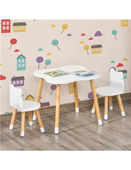HOMCOM 3-Piece Kids Table and Chair Set with 2 Bear-Shaped Chairs, for Ages 1-4 Years, White
