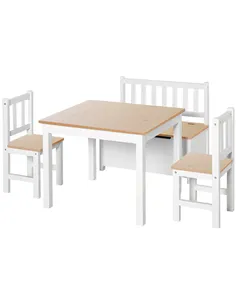 HOMCOM 4-Piece Kids Table and Chair Set with 2 Wooden Chairs, 1 Storage Bench, and Interesting Modern Design, Beige/White