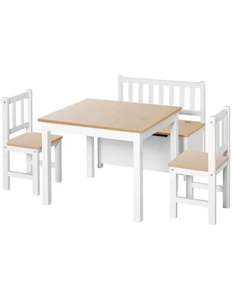 HOMCOM 4-Piece Kids Table and Chair Set with 2 Wooden Chairs, 1 Storage Bench, and Interesting Modern Design, Beige/White