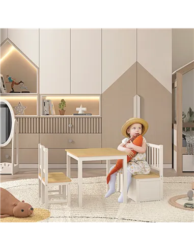 HOMCOM 4-Piece Kids Table and Chair Set with 2 Wooden Chairs, 1 Storage Bench, and Interesting Modern Design, Beige/White