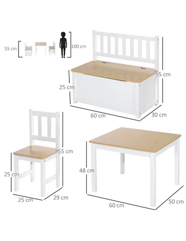 HOMCOM 4-Piece Kids Table and Chair Set with 2 Wooden Chairs, 1 Storage Bench, and Interesting Modern Design, Beige/White