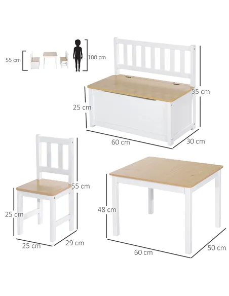 HOMCOM 4-Piece Kids Table and Chair Set with 2 Wooden Chairs, 1 Storage Bench, and Interesting Modern Design, Beige/White