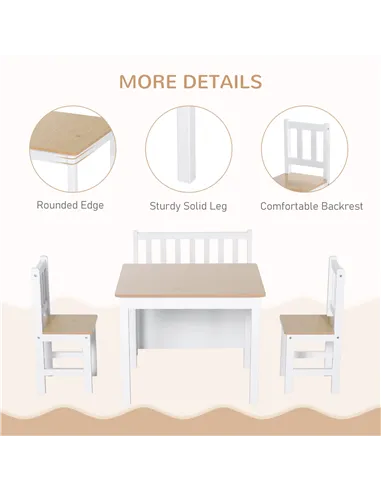 HOMCOM 4-Piece Kids Table and Chair Set with 2 Wooden Chairs, 1 Storage Bench, and Interesting Modern Design, Beige/White