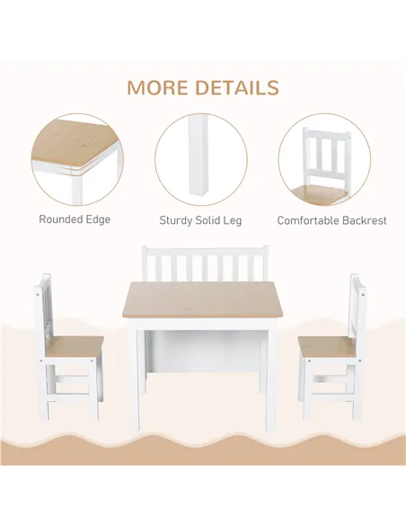 HOMCOM 4-Piece Kids Table and Chair Set with 2 Wooden Chairs, 1 Storage Bench, and Interesting Modern Design, Beige/White
