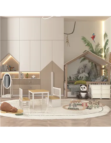 HOMCOM 4-Piece Kids Table and Chair Set with 2 Wooden Chairs, 1 Storage Bench, and Interesting Modern Design, Beige/White